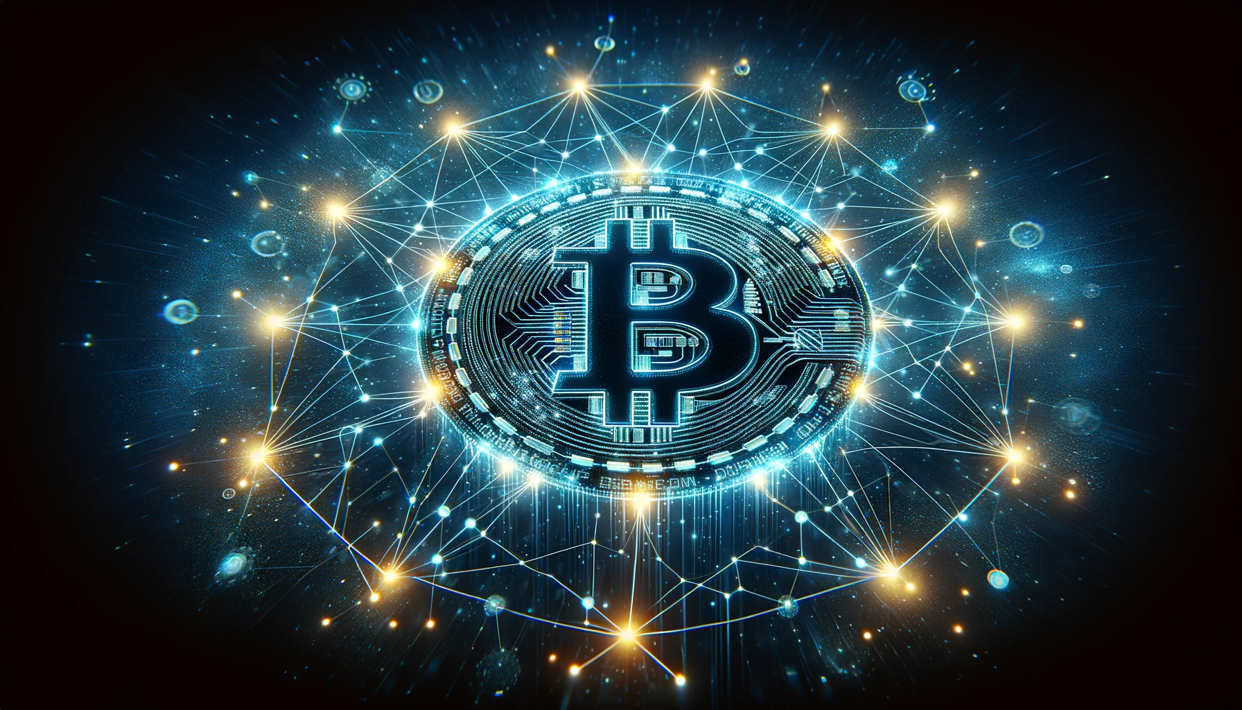 Cryptocurrency graphic with Bitcoin symbol and decentralized network
